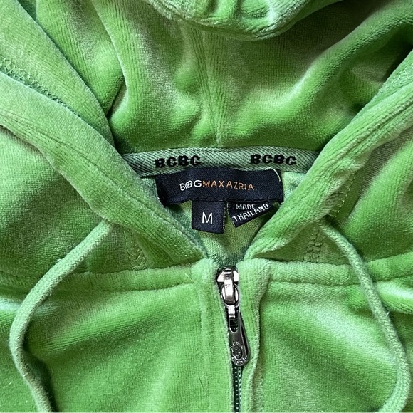 BCBG MaxAzaria Green Velour Tracksuit Zip hood Sweatshirt w crop bottoms M y2k - Picture 3 of 8